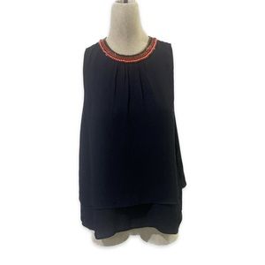 J. Crew Blouse Top Womens Size 4 Navy Blue Beaded Round Neck Sleeveless Coastal